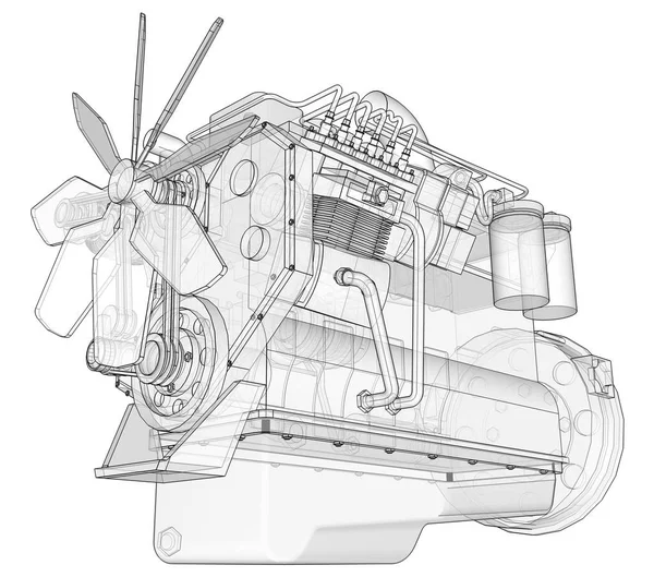 Um grande motor diesel com o caminhão representado nas linhas de contorno em papel gráfico. Os contornos da linha preta no fundo branco . — Fotografia de Stock