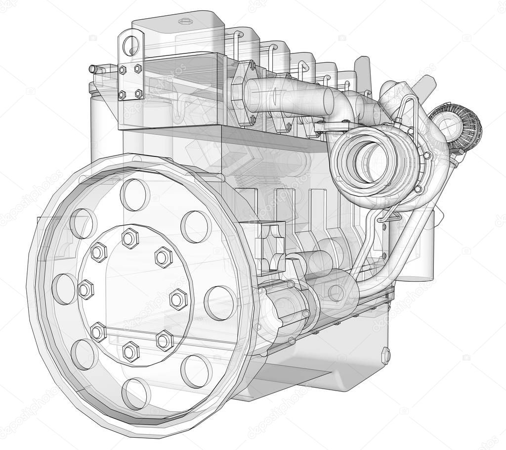 A big diesel engine with the truck depicted in the contour lines on graph paper. The contours of the black line on the white background.