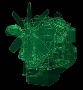 Grafik kağıdı kontur satırları tasvir kamyon ile büyük bir dizel motor. Yeşil hat siyah arka plan üzerinde kıvrımlarına.