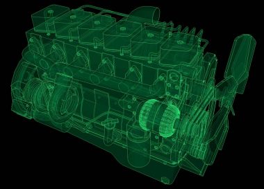 Grafik kağıdı kontur satırları tasvir kamyon ile büyük bir dizel motor. Yeşil hat siyah arka plan üzerinde kıvrımlarına.