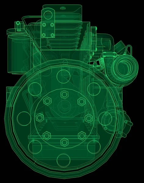 Een grote dieselmotor met de truck afgebeeld in de contour lijnen op grafiek papier. De contouren van de groene lijn op de zwarte achtergrond. — Stockfoto