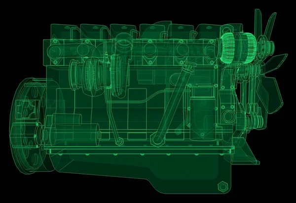 Een grote dieselmotor met de truck afgebeeld in de contour lijnen op grafiek papier. De contouren van de groene lijn op de zwarte achtergrond. — Stockfoto