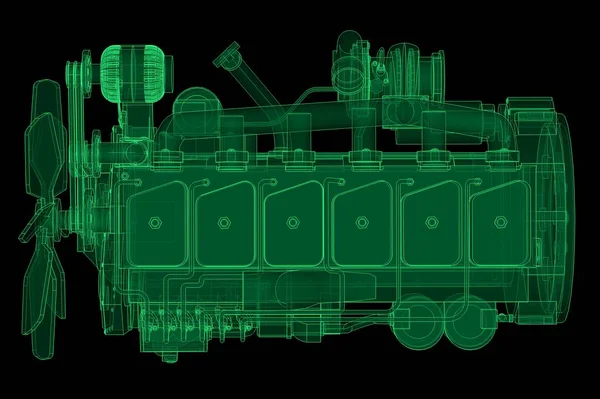 Duży silnik Diesla z ciężarówką, przedstawiony w linii konturów na papierze milimetrowym. Kontury zielona linia na czarnym tle. — Zdjęcie stockowe
