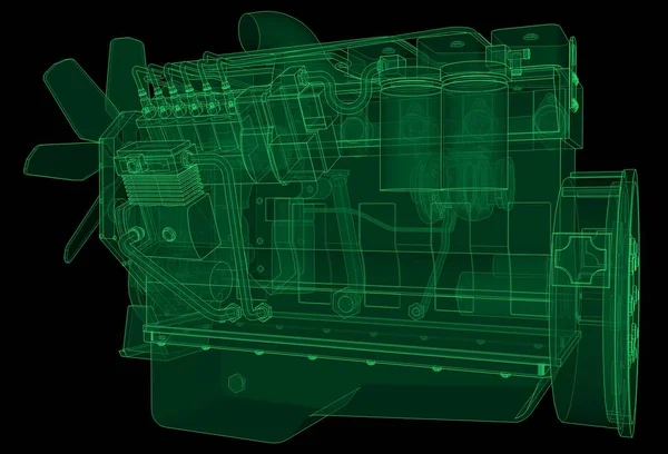Een grote dieselmotor met de truck afgebeeld in de contour lijnen op grafiek papier. De contouren van de groene lijn op de zwarte achtergrond. — Stockfoto