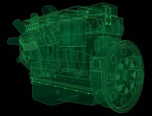 Um grande motor diesel com o caminhão representado nas linhas de contorno em papel gráfico. Os contornos da linha verde no fundo preto . — Fotografia de Stock