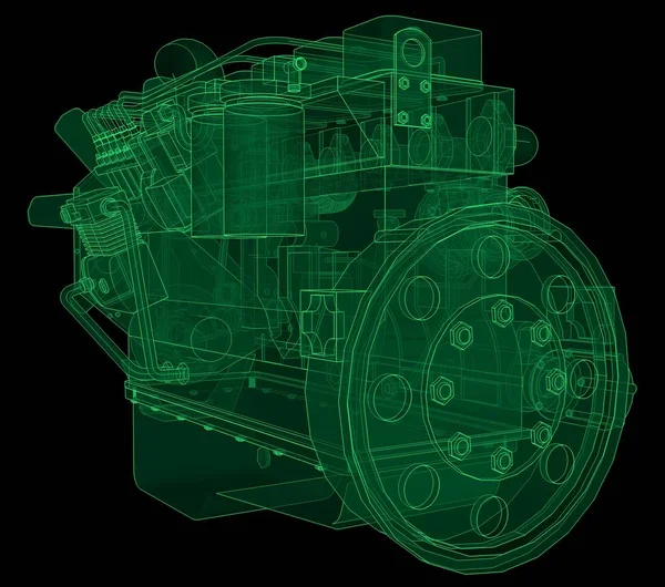 Um grande motor diesel com o caminhão representado nas linhas de contorno em papel gráfico. Os contornos da linha verde no fundo preto . — Fotografia de Stock