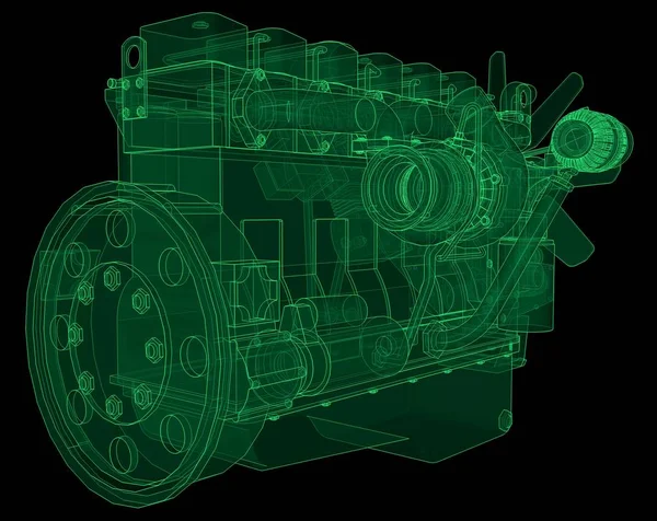 Большой дизельный двигатель с грузовиком, изображенным в контурных линиях на графической бумаге. Контуры зеленой линии на черном фоне . — стоковое фото