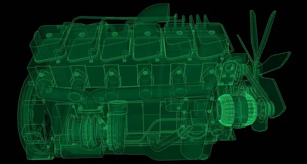 Un gran motor diesel con el camión representado en las líneas de contorno en papel gráfico. Los contornos de la línea verde sobre el fondo negro . —  Fotos de Stock