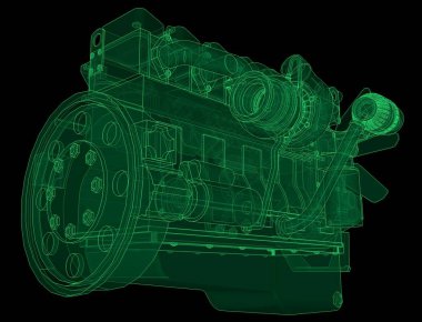 Grafik kağıdı kontur satırları tasvir kamyon ile büyük bir dizel motor. Yeşil hat siyah arka plan üzerinde kıvrımlarına.