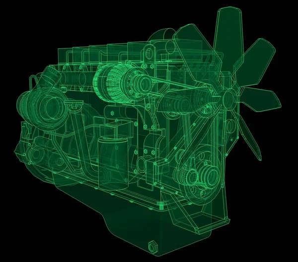 Un gran motor diesel con el camión representado en las líneas de contorno en papel gráfico. Los contornos de la línea verde sobre el fondo negro . — Foto de Stock