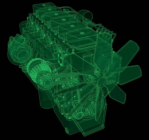 Um grande motor diesel com o caminhão representado nas linhas de contorno em papel gráfico. Os contornos da linha verde no fundo preto . — Fotografia de Stock