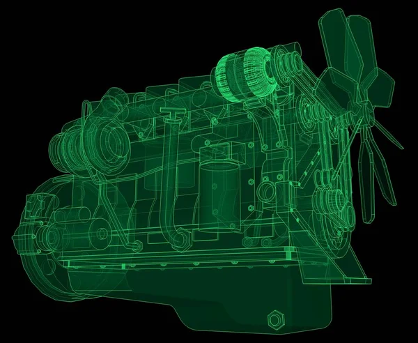Un gran motor diesel con el camión representado en las líneas de contorno en papel gráfico. Los contornos de la línea verde sobre el fondo negro . —  Fotos de Stock