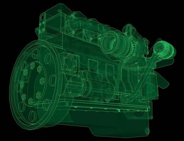 Un gran motor diesel con el camión representado en las líneas de contorno en papel gráfico. Los contornos de la línea verde sobre el fondo negro . —  Fotos de Stock