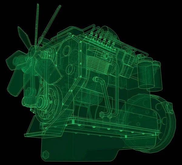 Большой дизельный двигатель с грузовиком, изображенным в контурных линиях на графической бумаге. Контуры зеленой линии на черном фоне . — стоковое фото