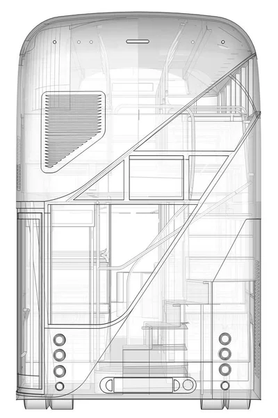 En dubbeldäckare, ett genomskinligt hölje under vilka många inre element och interna buss delar är synliga. Bakifrån. 3D-rendering. — Stockfoto