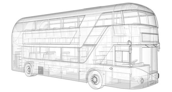 A double-decker bus, a translucent casing under which many interior elements and internal bus parts are visible. 3d rendering. — Stock Photo, Image