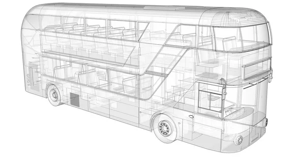 Un autobús de dos pisos, una carcasa translúcida bajo la cual muchos elementos interiores y partes internas del autobús son visibles. renderizado 3d . — Foto de Stock