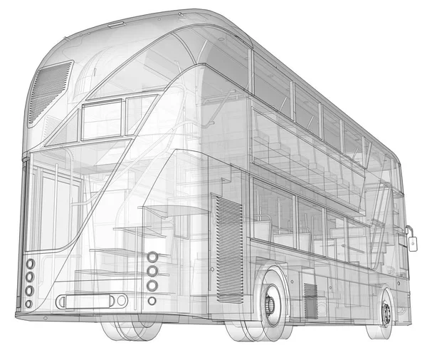 Een dubbeldekker bus, een doorzichtige behuizing onder welke veel interieurelementen en interne bus delen zichtbaar zijn. 3D-rendering. — Stockfoto