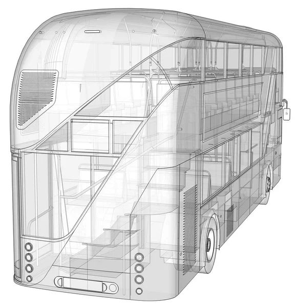 Um ônibus de dois andares, um invólucro translúcido sob o qual muitos elementos interiores e peças de ônibus internos são visíveis. Renderização 3d . — Fotografia de Stock