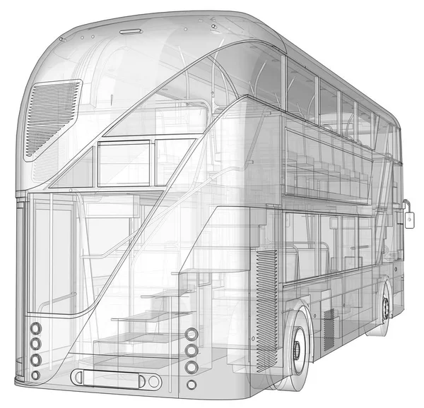 Een dubbeldekker bus, een doorzichtige behuizing onder welke veel interieurelementen en interne bus delen zichtbaar zijn. 3D-rendering. — Stockfoto