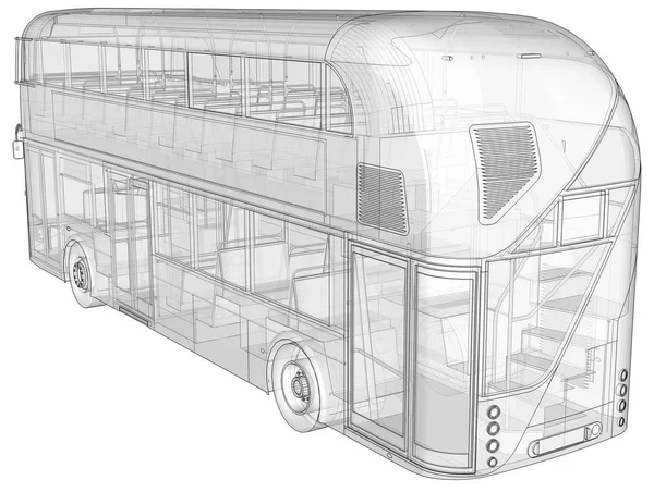 Um ônibus de dois andares, um invólucro translúcido sob o qual muitos elementos interiores e peças de ônibus internos são visíveis. Renderização 3d . — Fotografia de Stock