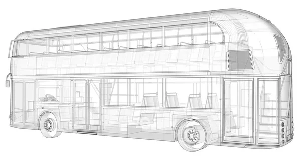 Un autobus a due piani, un involucro traslucido sotto il quale sono visibili molti elementi interni e parti interne del bus. rendering 3d . — Foto Stock