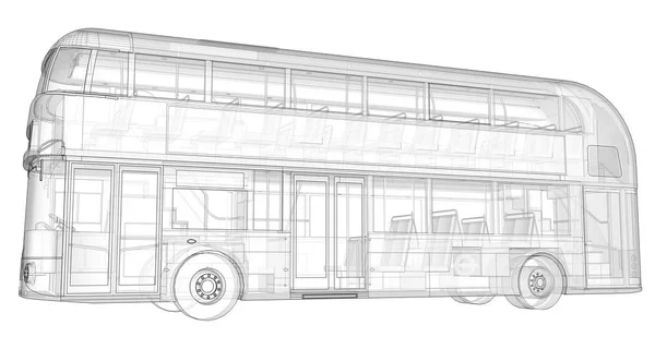A double-decker bus, a translucent casing under which many interior elements and internal bus parts are visible. 3d rendering.