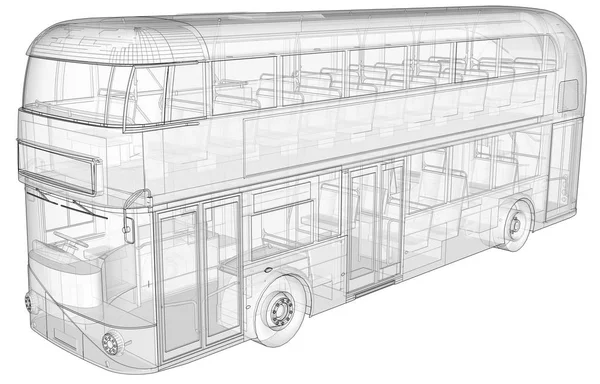 Een dubbeldekker bus, een doorzichtige behuizing onder welke veel interieurelementen en interne bus delen zichtbaar zijn. 3D-rendering. — Stockfoto