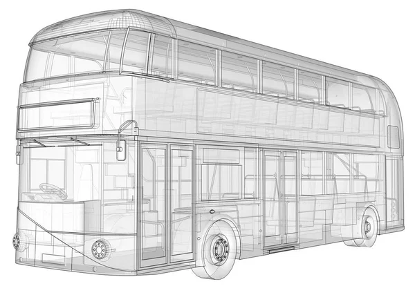 A double-decker bus, a translucent casing under which many interior elements and internal bus parts are visible. 3d rendering.