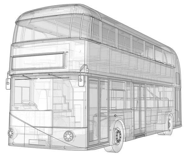 Un autobús de dos pisos, una carcasa translúcida bajo la cual muchos elementos interiores y partes internas del autobús son visibles. renderizado 3d . —  Fotos de Stock