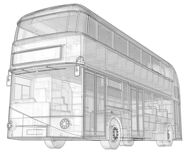 Ένα διώροφο λεωφορείο, ένα διαφανές περίβλημα κάτω από το οποίο πολλά στοιχεία εσωτερικού και εσωτερική συγκοινωνία τμήματα είναι ορατά. 3D rendering. — Φωτογραφία Αρχείου