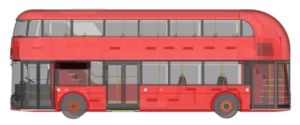 A double-decker bus, a translucent casing under which many interior elements and internal bus parts are visible. Left view. 3d rendering. — Stock Photo, Image
