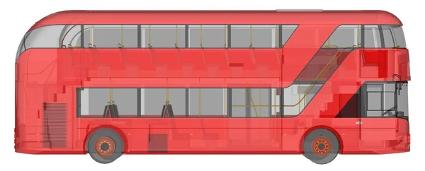 Um ônibus de dois andares, um invólucro translúcido sob o qual muitos elementos interiores e peças de ônibus internos são visíveis. Vista à direita. Renderização 3d . — Fotografia de Stock