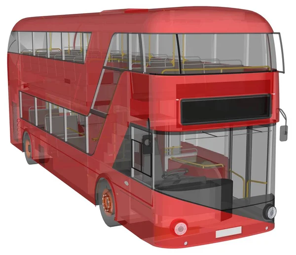 Egy emeletes busz, egy áttetsző burkolat, amelyek mellett sok belső elemek és a belső busz alkatrészek láthatók. 3D-leképezés. — Stock Fotó