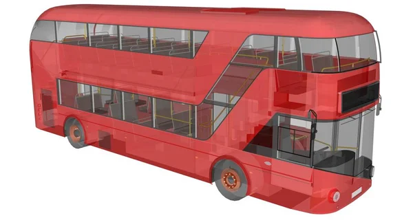 Ένα διώροφο λεωφορείο, ένα διαφανές περίβλημα κάτω από το οποίο πολλά στοιχεία εσωτερικού και εσωτερική συγκοινωνία τμήματα είναι ορατά. 3D rendering. — Φωτογραφία Αρχείου