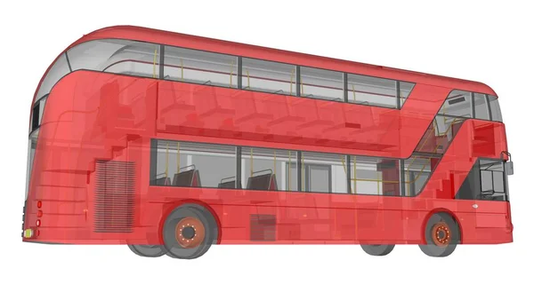 Un bus à deux étages, un boîtier translucide sous lequel de nombreux éléments intérieurs et pièces de bus internes sont visibles. Rendu 3d . — Photo