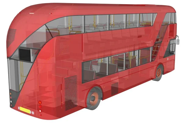 Een dubbeldekker bus, een doorzichtige behuizing onder welke veel interieurelementen en interne bus delen zichtbaar zijn. 3D-rendering. — Stockfoto