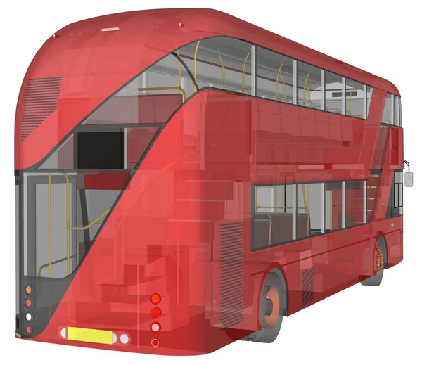 Un bus à deux étages, un boîtier translucide sous lequel de nombreux éléments intérieurs et pièces de bus internes sont visibles. Rendu 3d . — Photo