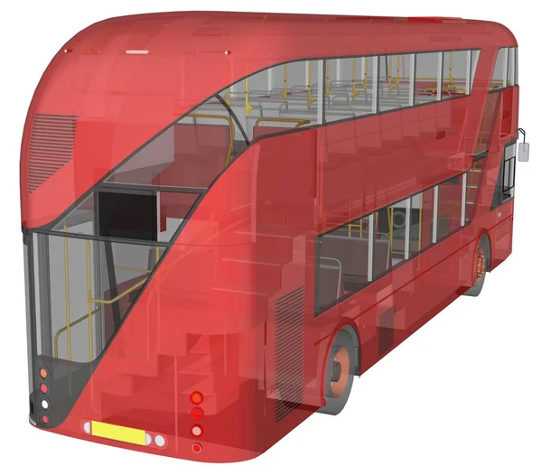 Un bus à deux étages, un boîtier translucide sous lequel de nombreux éléments intérieurs et pièces de bus internes sont visibles. Rendu 3d . — Photo