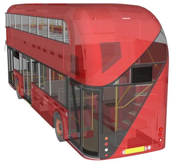 A double-decker bus, a translucent casing under which many interior elements and internal bus parts are visible. 3d rendering. — Stock Photo, Image
