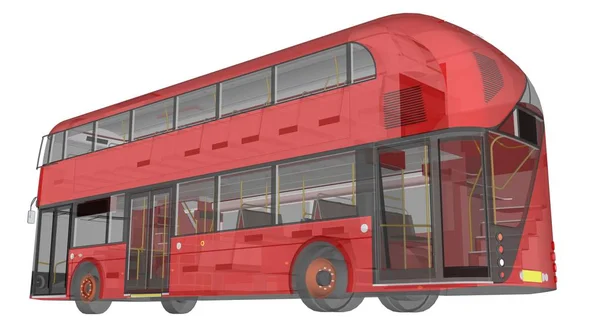 Einen Doppeldeckerbus, ein transluzentes Gehäuse, unter dem viele Innenelemente und interne Busteile sichtbar sind. 3D-Darstellung. — Stockfoto
