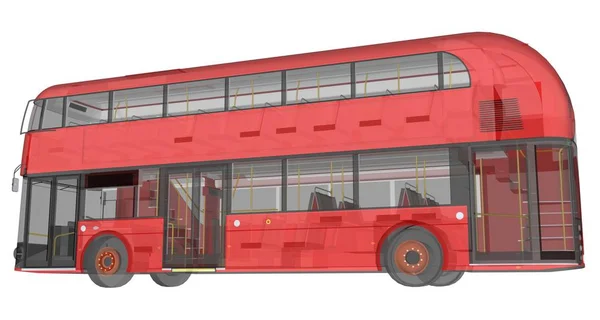 Einen Doppeldeckerbus, ein transluzentes Gehäuse, unter dem viele Innenelemente und interne Busteile sichtbar sind. 3D-Darstellung. — Stockfoto