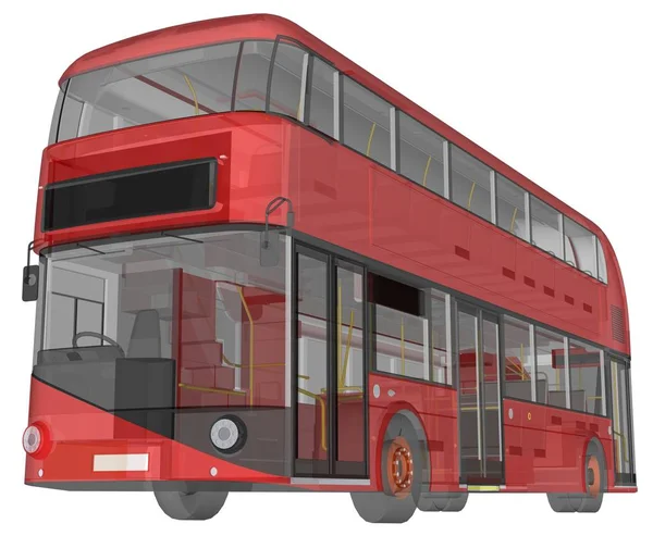 A double-decker bus, a translucent casing under which many interior elements and internal bus parts are visible. 3d rendering. — Stock Photo, Image