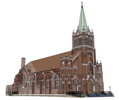 Binayı Katolik Kilisesi'nin sayısı farklı iki tarafın. Beyaz zemin üzerinde üç boyutlu çizim. 3D render.
