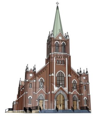 Binayı Katolik Kilisesi'nin sayısı farklı iki tarafın. Beyaz zemin üzerinde üç boyutlu çizim. 3D render.
