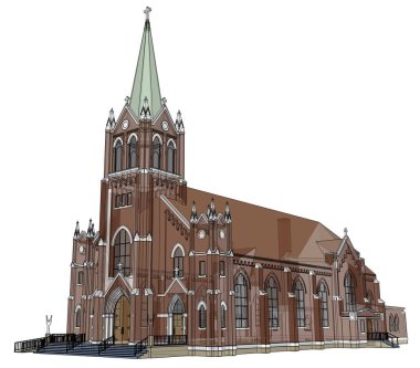 Binayı Katolik Kilisesi'nin sayısı farklı iki tarafın. Beyaz zemin üzerinde üç boyutlu çizim. 3D render.