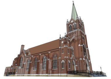 Binayı Katolik Kilisesi'nin sayısı farklı iki tarafın. Beyaz zemin üzerinde üç boyutlu çizim. 3D render.