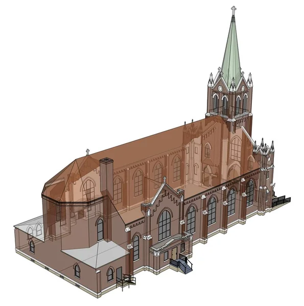 La construction de l'église catholique, vues de différents côtés. Illustration en trois dimensions sur fond blanc. Rendu 3d . — Photo