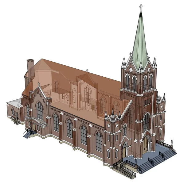 Der Bau der katholischen Kirche, Ansichten von verschiedenen Seiten. dreidimensionale Illustration auf weißem Hintergrund. 3D-Darstellung. — Stockfoto