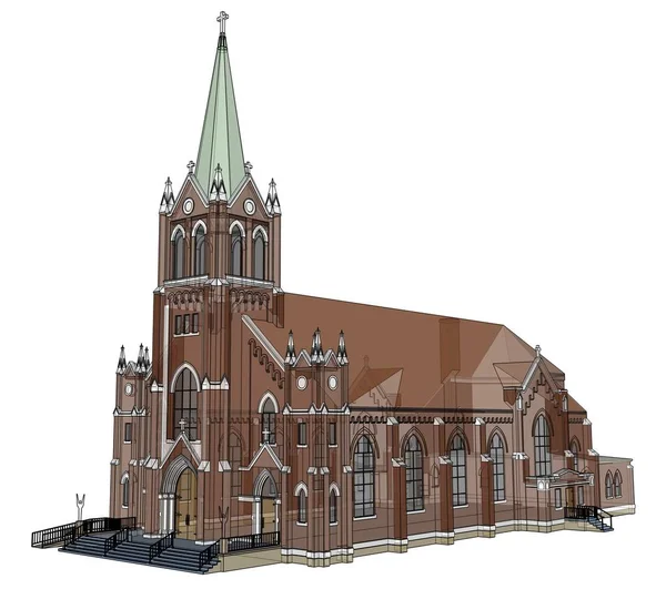 Budynek Kościoła katolickiego, widoki z różnych stron. Trójwymiarowa ilustracja na białym tle. renderowania 3D. — Zdjęcie stockowe
